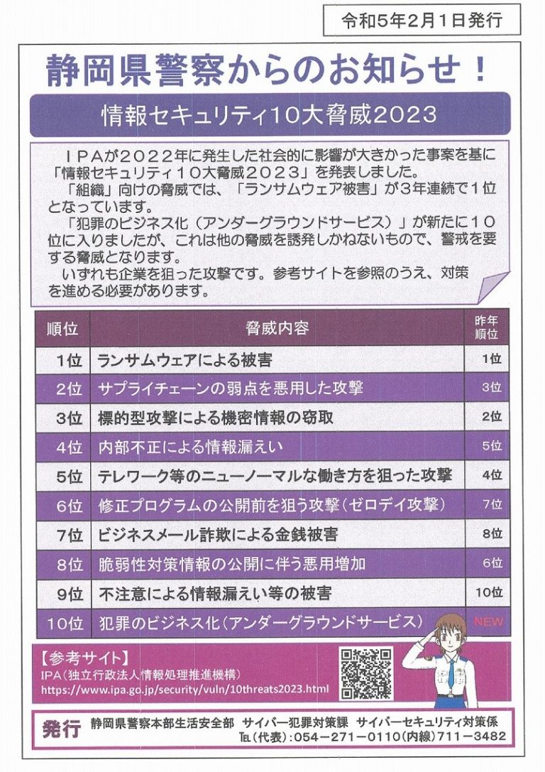 【静岡県警】 情報セキュリティ10大脅威について 磐田市商工会